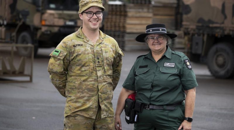 Lieutenant Tim Elphick from 1st/19th Battalion, Royal New South Wales Regiment, with his mum, Mrs Karen Elphick, in Lismore, while deployed on Operation Flood Assist 2022. Story by Leading Seaman Kylie Jagiello. Photo:by Corporal Sagi Biderman.