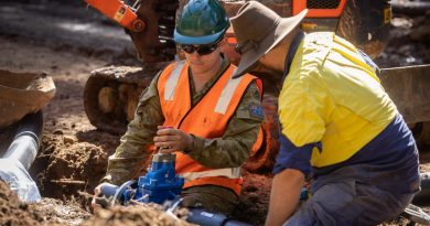 Sapper Brayden Taylor, from the 6th Engineer Support Regiment, works with Lismore Council workers repairing the Nimbin water pipeline. Story by Flight Lieutenant Dee Irwin. Photo by Corporal Jonathan Goedhart.