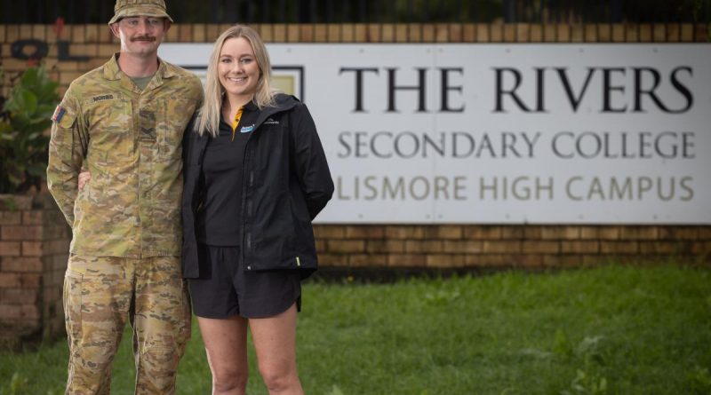 Corporal Charlie Morris and his sister Georgie Morris at the Rivers Secondary College in Lismore during Operation Flood Assist. Story by Corporal Charlie Morris and his sister Georgie Morris at the Rivers Secondary College in Lismore during Operation Flood Assist. Photo: Corporal Jonathan Goedhart. Photo by Corporal Jonathan Goedhart.