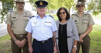 Sergeant Chris Finch, left, received a Jonathan Church Good Soldiering Award at Russell Offices in Canberra yesterday, joined by family members Squadron Leader Stephen Finch, Mrs Annie Finch and Major Michael Finch. Story and photo by Sergeant Matthew Bickerton.