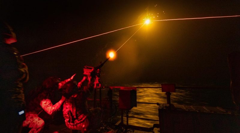 Boatswain’s mates from HMAS Arunta conduct training on a 12.7mm machine gun using a flare target during their regional presence deployment. Story by Lieutenant Commander Andrew Herring. Photo by Leading Seaman Sittichai Sakonpoonpol.