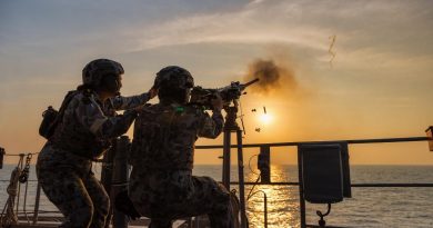 Boatswain’s mates from HMAS Arunta conduct a 12.7mm machine gun live-fire serial during Exercise Milan 2022. Story by Lieutenant Commander Andrew Herring. Photo by Leading Seaman Sittichai Sakonpoonpol.