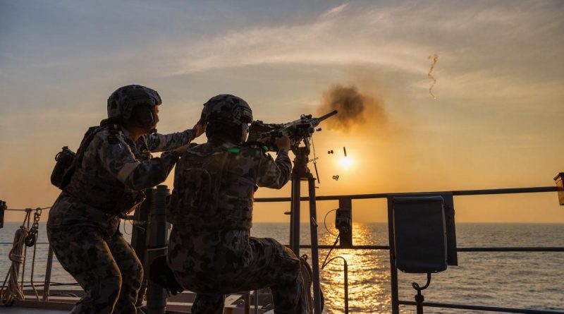 Boatswain’s mates from HMAS Arunta conduct a 12.7mm machine gun live-fire serial during Exercise Milan 2022. Story by Lieutenant Commander Andrew Herring. Photo by Leading Seaman Sittichai Sakonpoonpol.
