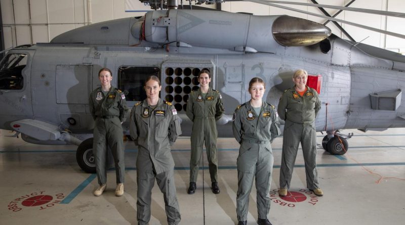 Navy Fleet Air Arm personnel at HMAS Albartros: Sub Lieutenant Stephanie Hudson, left, Lieutenant Rhianna Nelson, Sub Lieutenant Tiffany McCormack, Sub Lieutenant Grace Bonnitcha and Lieutenant Clare Nickels. Story by Midshipman Jordan Moloney. Photo by Leading Seaman Ryan Tascas.