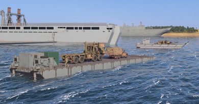 Screen grab of Australian Mexeflote, LHD landing craft rendered in VBS4 – courtesy Bohemia Interactive Simulations.