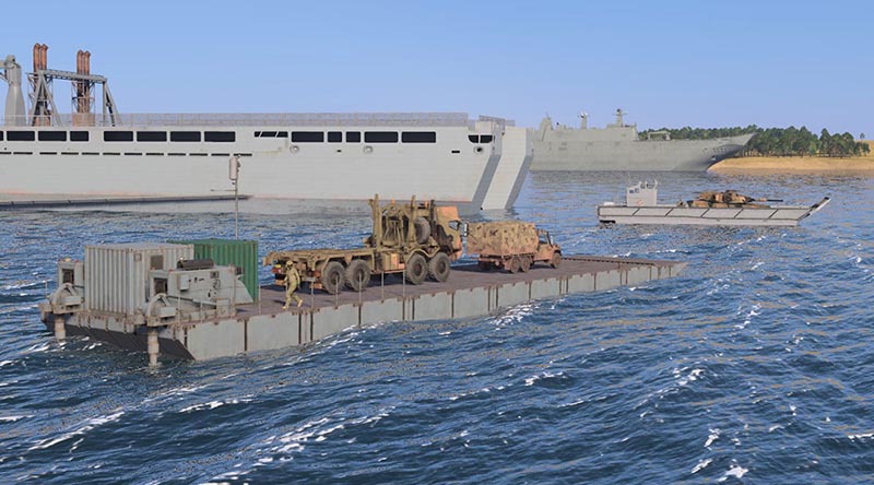 Screen grab of Australian Mexeflote, LHD landing craft rendered in VBS4 – courtesy Bohemia Interactive Simulations.