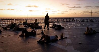 HMAS Hobart crew members attend a physical training session on board the ship. Story and photo by Leading Seaman Kylie Jagiello.