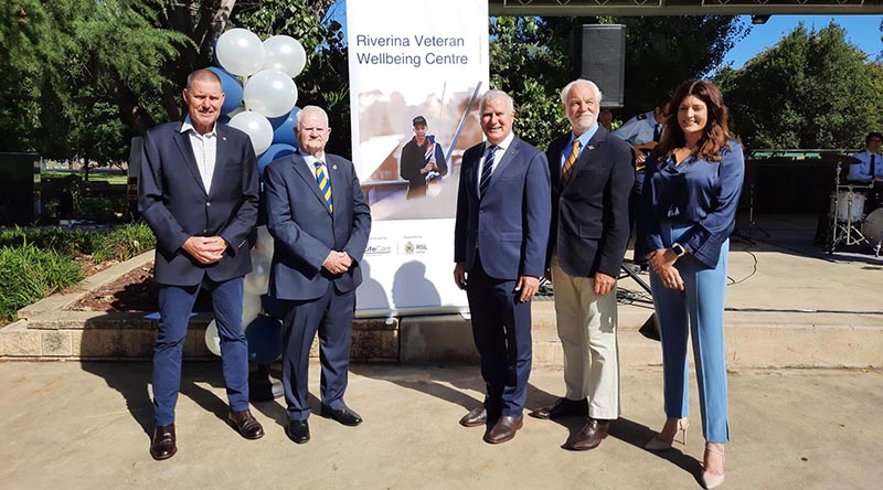 DVA Repatriation Commissioner Don Spinks, RSL NSW President Ray James, Member for Riverina Michael McCormack, RSL LifeCare Board Chair Mark Dickson and Riverina VWC Manager Charlotte Webb at the opening of the Riverina Veteran Wellbeing Centre. Picture courtesy Riverina Veteran Wellbeing Centre.