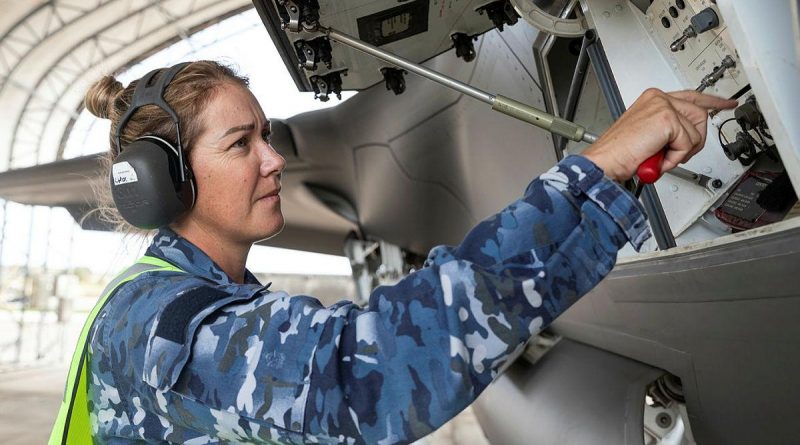 Sergeant Brooke Saunders performs a check of an F-35A Lightning II during Exercise Cope North 2022 at Andersen Air Force Base, Guam. Story by Flight Lieutenant Jessica Aldred. Photo by Leading Aircraftman Sam Price.