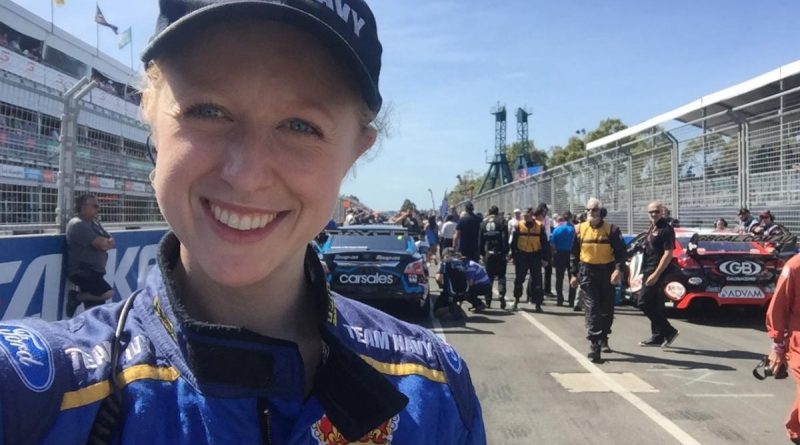 Leading Seaman Sarah Battenally in pit lane as a participant in the Navy V8 Supercars placement program in 2015. Story by Angus Pagett.