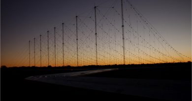 A Jindalee Operational Radar Network (JORN) transmitter site at sunset, Harts Range, Alice Springs. Photo by Leading Aircraftwoman Sonja Canty.