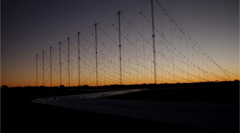A Jindalee Operational Radar Network (JORN) transmitter site at sunset, Harts Range, Alice Springs. Photo by Leading Aircraftwoman Sonja Canty.