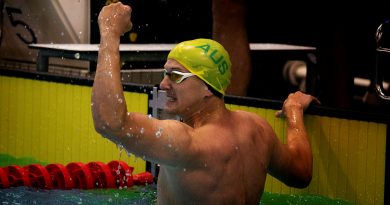 Invictus Games 2020 Team Australia competitor Chris O'Brien celebrates after placing first in the men’s ISE 50m backstroke event held at the Zwembad het Hofbad pool in The Hague, Netherlands. Story by Lucy Redford-Hunt. Photo by Sergeant Oliver Carter.