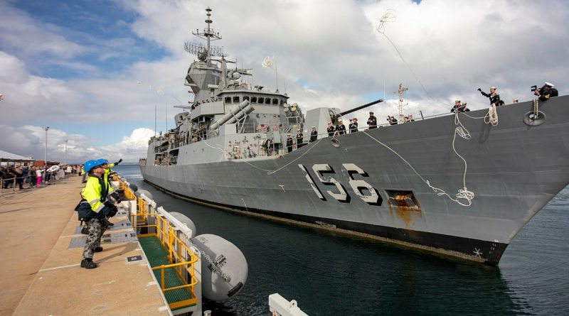 HMAS Toowoomba returns to Fleet Base West in Western Australia after a six month deployment in June 2020. Photo by Leading Seaman Ronnie Baltoft.