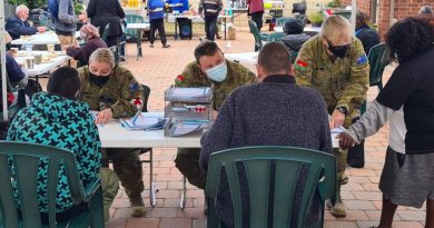 From left: Private Tori Doherty, Lieutenant Joshua Mildrum and Captain Michele Muncaster, from the 3rd Health Battalion, provide administrative support during the pop-up clinic at Stepping Stones in Port Augusta, South Australia. Story by Captain Nathan Freeman.