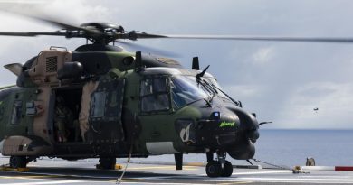 The 808 Squadron MRH-90 Taipan helicopter prepares to take-off from HMAS Canberra during Operation Tonga Assist 2022. Story by Lieutenant Brendan Trembath. Photo by Leading Seaman Daniel Goodman.