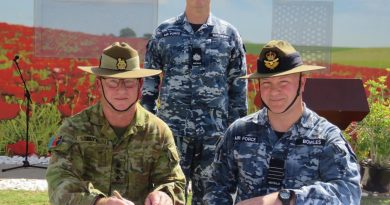 Colonel Colin Blyth, left, takes over from Group Captain Jason Bowles, right, as Commander of Headquarters Middle East. Story and photo by Leading Aircraftwoman Hannah Schaefer.