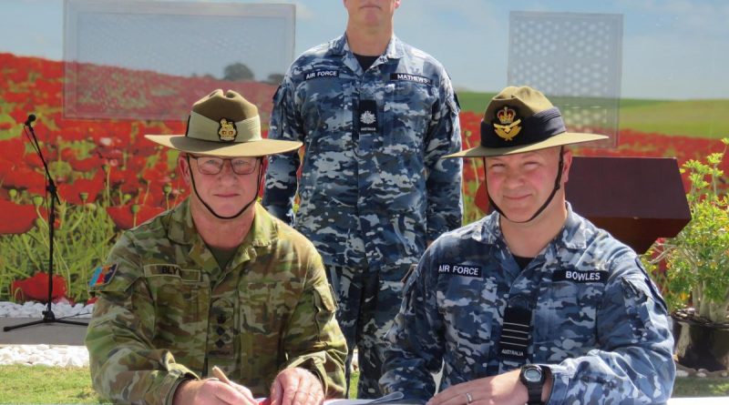 Colonel Colin Blyth, left, takes over from Group Captain Jason Bowles, right, as Commander of Headquarters Middle East. Story and photo by Leading Aircraftwoman Hannah Schaefer.