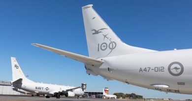 A United States Navy P-8A Poseidon taxis past a Royal Australian Air Force P-8A Poseidon on the No. 92 Wing flightline at RAAF Base Edinburgh in South Australia. Story by Eamon Hamilton. Photo by Leading Aircraftman Stewart Gould.