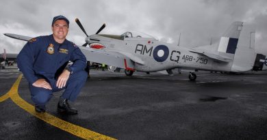 Air Force specialist capability officer Flight Lieutenant Ben Lappin, of No. 100 Squadron, with the Air Force Mustang aircraft at the Warbirds over Scone Air Show in the Hunter Valley, NSW. Story by Flying Officer Felicity Abraham. Photo by Corporal Craig Barrett.