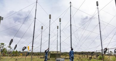 Corporal Chathuri Rogers and Leading Aircraftwoman Mary-Anne Bryce from No. 3 Control and Reporting Unit check the AN/TPS-77 Tactical Air Defence Radar System antennas at Old Bar airfield, north of Newcastle, during Exercise Diamond Shield. Story by Flying Officer Connor Bellhouse.