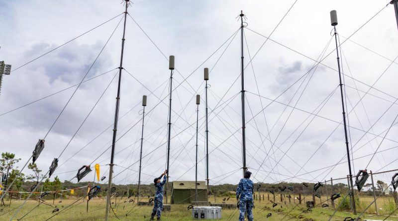 Corporal Chathuri Rogers and Leading Aircraftwoman Mary-Anne Bryce from No. 3 Control and Reporting Unit check the AN/TPS-77 Tactical Air Defence Radar System antennas at Old Bar airfield, north of Newcastle, during Exercise Diamond Shield. Story by Flying Officer Connor Bellhouse.