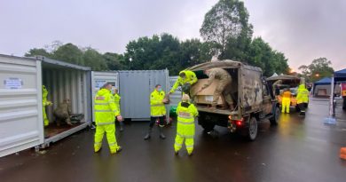 Australian Army soldiers deliver 144 sleeping bags and 54 stretchers to a Rural Fire Service base camp in Wollongbah, New South Wales, as part of continuing support to the region under Operation Flood Assist 2022.