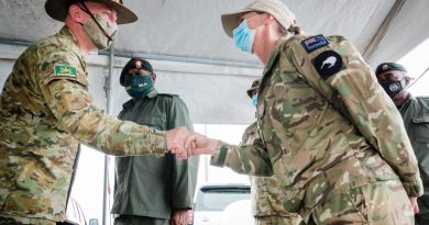 Commander of the Australian Deployable Joint Force Headquarters, Major General Scott Winter, left, meets with New Zealand Army soldier Warrant Officer Class Two Sarah Rutene from the Solomons International Assistance Force in Honiara, Solomon Islands. Story by Captain Jessica O’Reilly.