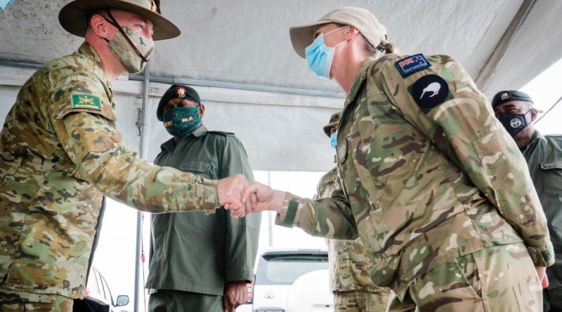 Commander of the Australian Deployable Joint Force Headquarters, Major General Scott Winter, left, meets with New Zealand Army soldier Warrant Officer Class Two Sarah Rutene from the Solomons International Assistance Force in Honiara, Solomon Islands. Story by Captain Jessica O’Reilly.