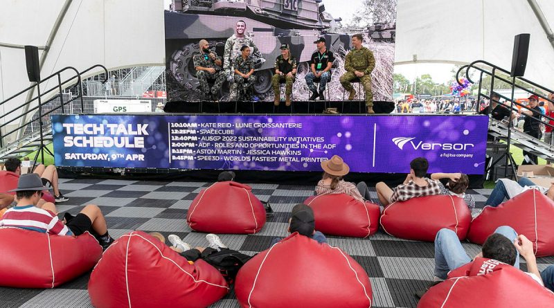 Australian Defence Force personnel discuss roles and opportunities in the ADF at the Tech Talk stage during the 2022 Australian Formula 1 Grand Prix at Albert Park in Melbourne. Story by Flight Lieutenant Benjamin Shuhyta. Photo by Leading Seaman James McDougall.