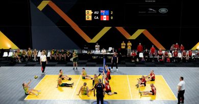 Australian Invictus Games 2020 and Canadian competitors battle it out during the sitting volleyball match at Invictus Games Park in The Hague, Netherlands. Story by Lucy Redford-Hunt. Photo by Flight Sergeant Ricky Fuller.