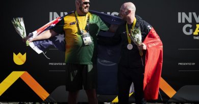 Invictus Games 2020 Team Australia competitor Steve James, left, celebrates receiving a gold medal in the mixed IF5678 discus event at the athletics meet at Invictus Games Park in The Hague, Netherlands. Story by Lucy Redford-Hunt.
