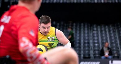 Invictus Games 2020 Team Australia competitor Braedon Griffiths attacks the try line during a wheelchair rugby pool match against Canada at Invictus Games Park in The Hague, Netherlands. Story by Lucy Redford-Hunt. Photo by Flight Sergeant Ricky Fuller.