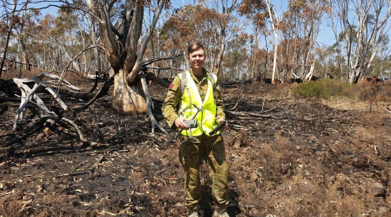 Bombardier Christopher Dawson Army holds an unmanned aerial vehicle used on its first domestic mission during Operation Bushfire Assist. Story by Captain Catalina Martinez Pinto.