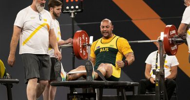 Australian Invictus Games 2020 competitor Gabriel Ramon celebrates a successful lift during the men’s heavyweight powerlifting event at Invictus Games Park in The Hague, Netherlands. Story by Lucy Redford-Hunt. Photo by Flight Sergeant Ricky Fuller.