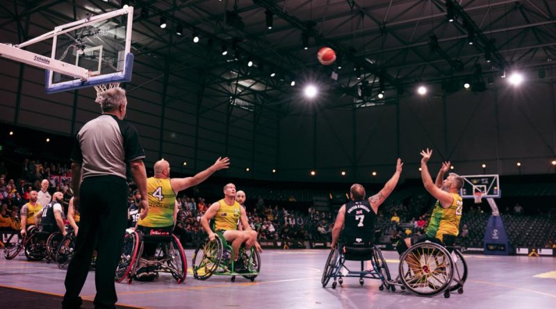 nvictus Games 2020 Team Australia competitor Stephen French takes a shot during the Wheelchair Basketball match against the United Kingdom at Invictus Games Park in The Hague. Story by Lucy Redford-Hunt.