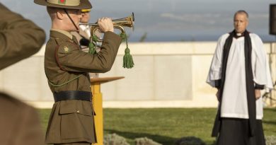 Musician Francis White sounds the Last Post during the Commonwealth memorial service in Gallipoli, Turkey. Story by Lieutenant Anthony Martin. Photo by Corporal David Cotton.