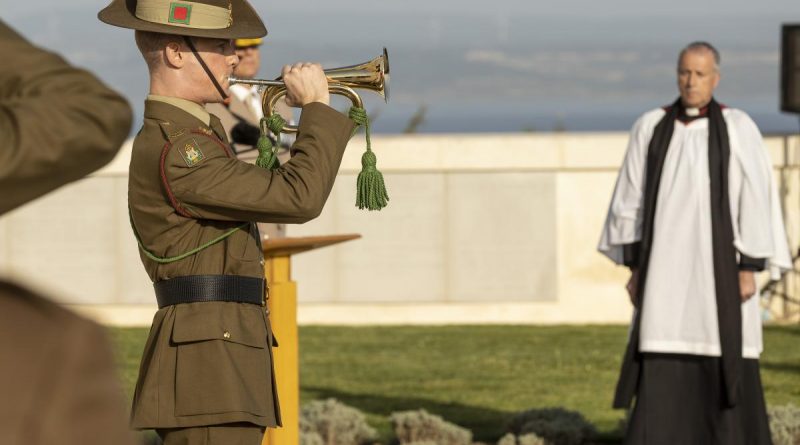 Musician Francis White sounds the Last Post during the Commonwealth memorial service in Gallipoli, Turkey. Story by Lieutenant Anthony Martin. Photo by Corporal David Cotton.