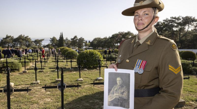 Australian Army Band musician Corporal Laura Burden holds a photo of her great-uncle, Private Richard Bainbridge Brooker who served at Gallipoli in 1915. Story by Lieutenant Anthony Martin. Photo by Corporal David Cotton.