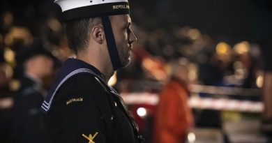 Australian Navy aviation technician Able Seaman Adrian Ebenwaldner from Australia’s Federation Guard stands at attention as part of the catafalque party during the 2022 Anzac Day Dawn Service at Gallipoli. Story by Lieutenant Anthony Martin. Photo by Corporal David Cotton.