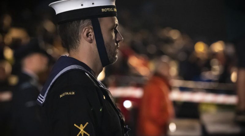 Australian Navy aviation technician Able Seaman Adrian Ebenwaldner from Australia’s Federation Guard stands at attention as part of the catafalque party during the 2022 Anzac Day Dawn Service at Gallipoli. Story by Lieutenant Anthony Martin. Photo by Corporal David Cotton.