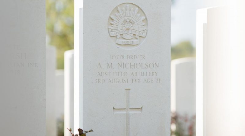 The unveiled headstone of recently identified First World War Australian Army soldier Driver Albert Nicholson at Adelaide Cemetery in Villers-Bretonneux, France. Story by Captain Sarah Kelly.