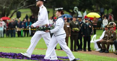 Lieutenant Commander Blake Newman and Able Seaman Mikayla Cocks lay a wreath at Mother’s Memorial, Toowoomba, on behalf of HMAS Toowoomba at the Anzac Day wreath-laying ceremony. Story by Lieutenant Commander Blake Newman. Photo by Bradley Richardson.