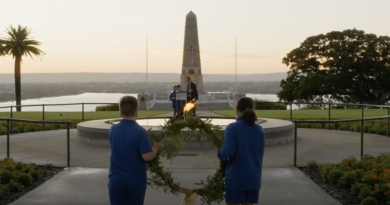 Rosalie Primary School Year 6 students laying a memorial wreath at their Dawn Service at the State War Memorial in Kings Park Perth WA. Story by Bourke . Photo - Video clip.