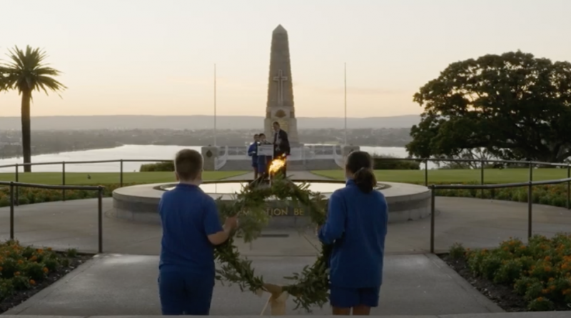 Rosalie Primary School Year 6 students laying a memorial wreath at their Dawn Service at the State War Memorial in Kings Park Perth WA. Story by Bourke . Photo - Video clip.