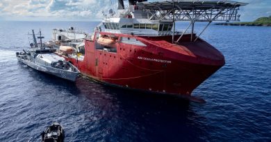 HMAS Ararat rafted alongside ADV Ocean Protector for refuelling at Christmas Island. Story by Sub Lieutenant Melanie Stevens.