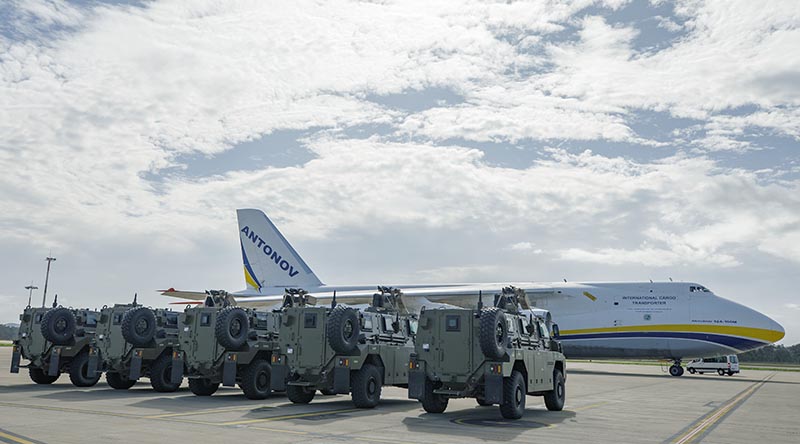 Australian-donated Bushmaster protected mobility vehicles lined up ready to be loaded onto an Antonov AN-124 cargo aircraft at RAAF Base Amberley. Photo by Corporal Jesse Kane.