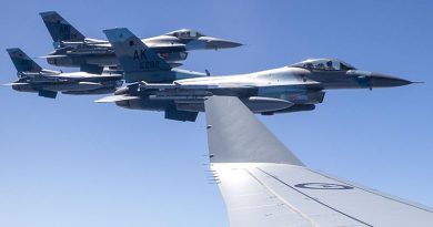 United States Air Force F-16C aircraft from the 18th Aggressor Squadron conduct air-to-air refuelling operations with a Royal Australian Air Force KC-30A multi-role tanker transport from No.33 Squadron during Exercise Diamond Shield. Photo by Corporal Kieren Whiteley.