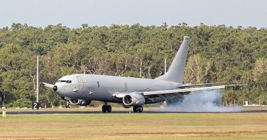 An Indian Navy P-8I Poseidon maritime patrol aircraft lands at RAAF Base Darwin, Northern Territory. Photo by Corporal Rodrigo Villablanca. 