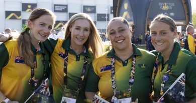 Australian Invictus Games 2020 competitors Emilea Mysko, left, Taryn Barbara, Sarah Petchell and Emma Murfet ready for the opening ceremony. Story by Lucy Redford-Hunt. Photo by Flight Sergeant Ricky Fuller.